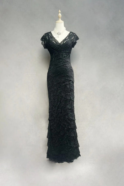 formaldressy-Black Vintage Beaded Long Lace Dress gh6243