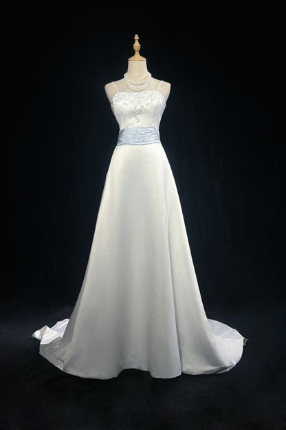 formaldressy-White And Blue Satin Long Dress With Delicate Beading gh6248