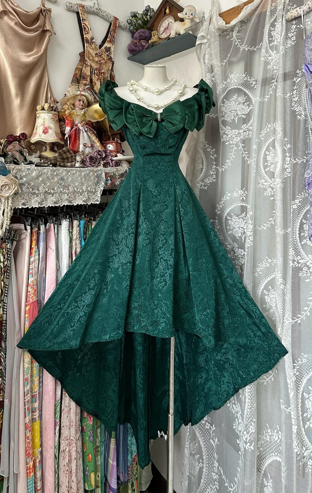 formaldressy-Dark Green Jacquard Lace Bow - Decorated Off - Shoulder Floor - Length Dress gh5895