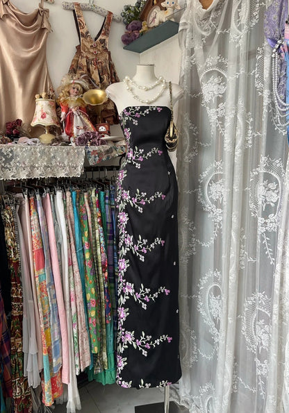 formaldressy-Black floral long satin Prom dress evening dress birthday party dress gh5183