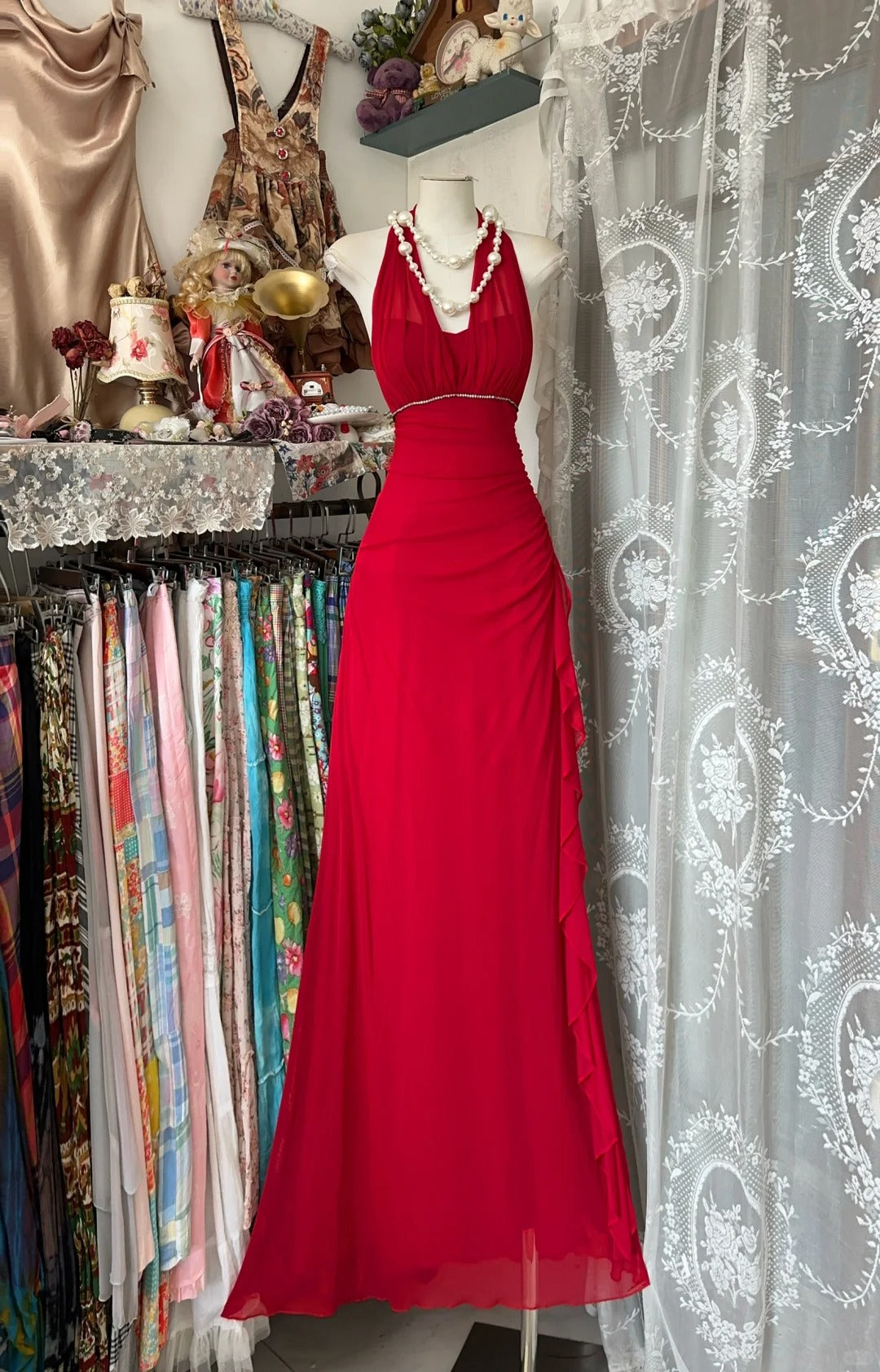 formaldressy-Red suspenders fashion backless retro long chiffon prom dress birthday party dress gh5433