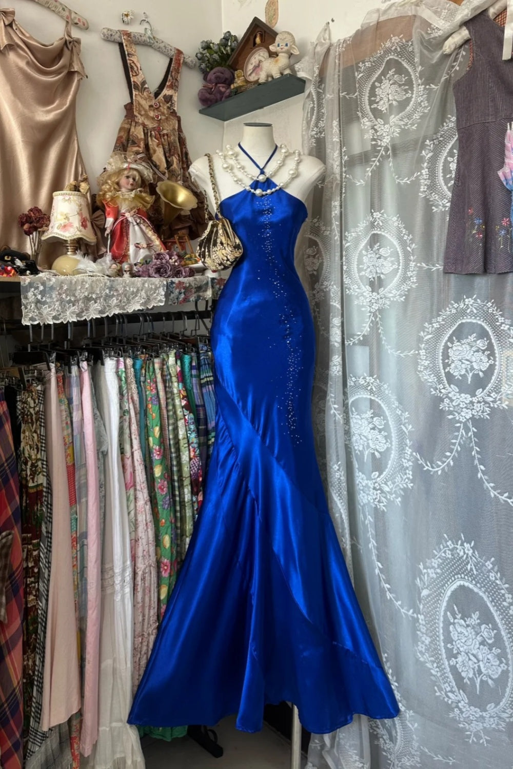 formaldressy-Royal Blue Satin Beaded Halter Sleeveless Floor-Length Mermaid Gown gh6324