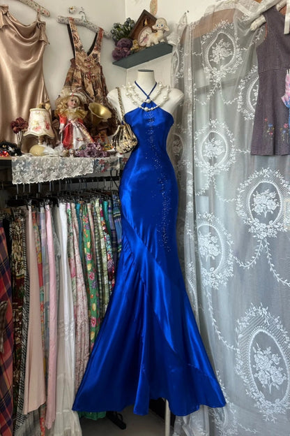 formaldressy-Royal Blue Satin Beaded Halter Sleeveless Floor-Length Mermaid Gown gh6324