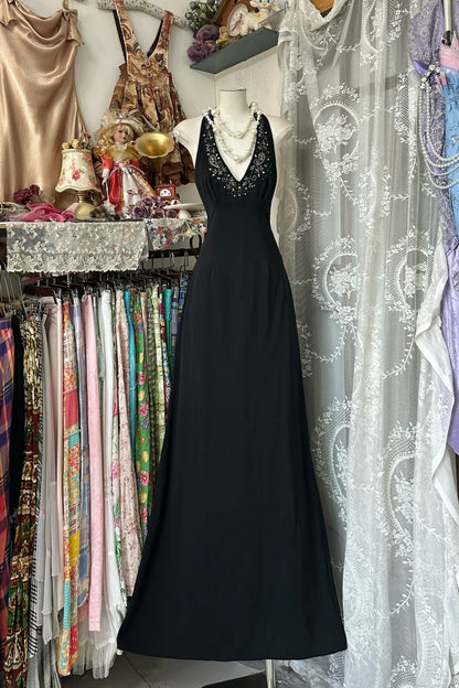 formaldressy-Black floral retro elegant long chiffon Prom dress birthday party dress gh5174