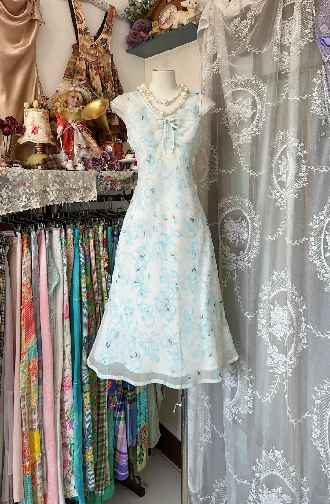 formaldressy-Blue Floral Midi Chiffon Homecoming Dress Party Gown gh5247