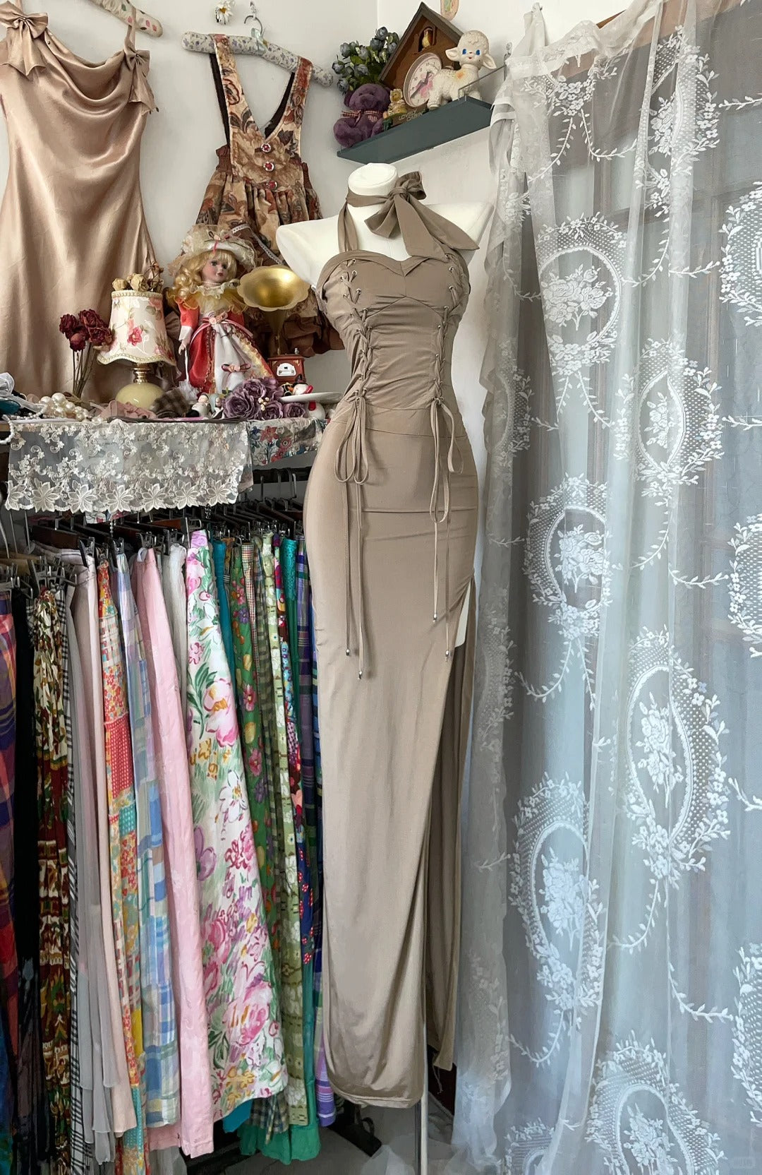 formaldressy-Light Brown Mermaid Long Bodycon Satin Prom Dress Evening Dress Party Dress gh5245