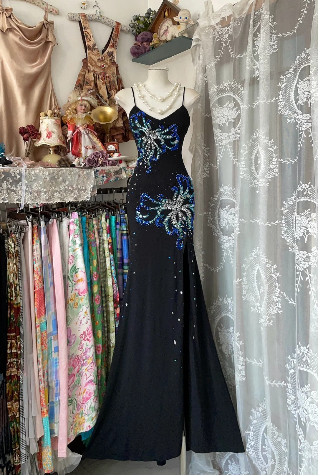 formaldressy-Black gorgeous blue exquisite beading vintage long satin backless prom dress birthday party dress gh5432