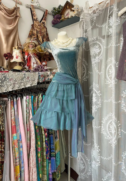 formaldressy-Blue vintage velvet ruffle short chiffon homecoming dress birthday party dress gh5431