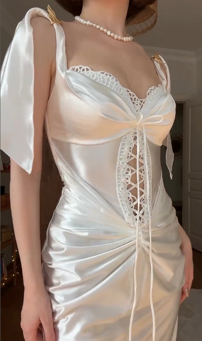 White Elegant Sheath Spaghetti Strap Classic Satin Prom Dress Outfits SH4864