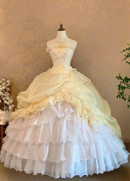 formaldressy-Yellow-White Gradient Tulle Strapless Lace Rhinestone-Embellished Floor-Length Court-Style Gown gh6368