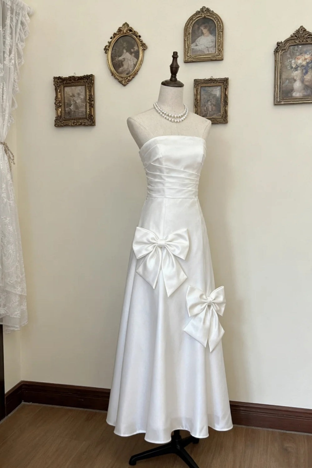 formaldressy-Simple Elegant Style Pure White Satin Bow - Embellished Strapless Floor - Length Evening Dress gh5891