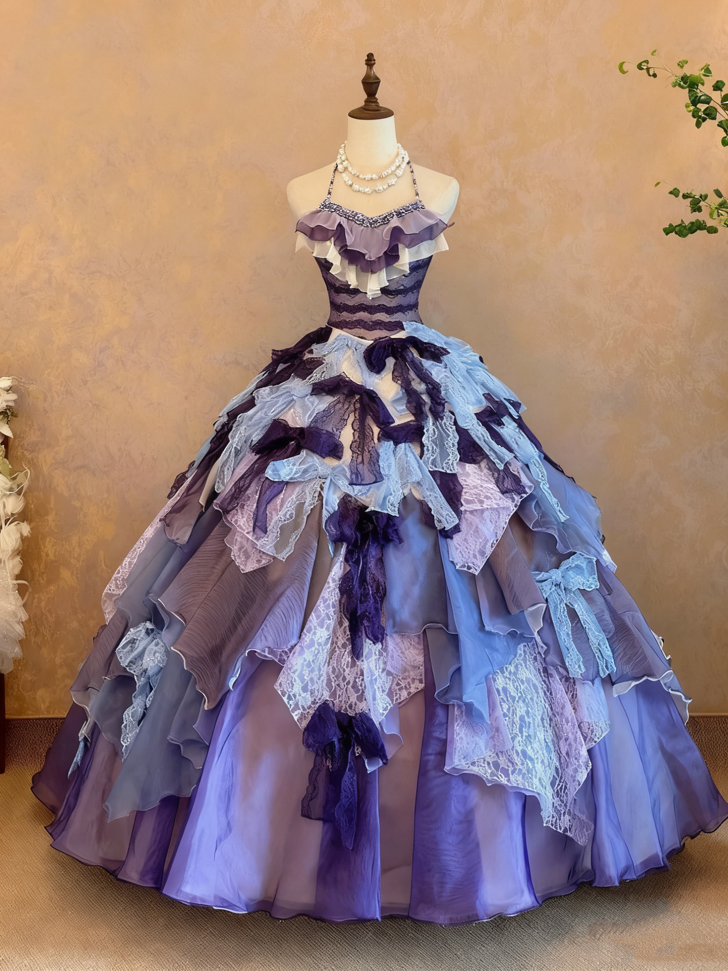 formaldressy-Purple-Blue Gradient Tulle Halter-Neck Lace Bow-Embellished Floor-Length Court-Style Gown gh6366