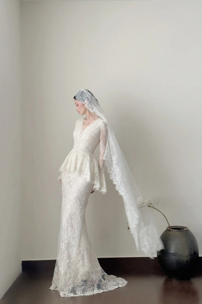 formaldressy- Vintage White Lace V-Neck Long Sleeve Mermaid Long Court Style Wedding Gown gh6095