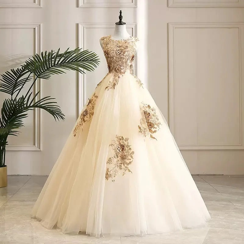 formaldressy-Champagne shimmering gold gorgeous floral bead decoration and formal ball dress with lace up, stunning wedding dress gh5311