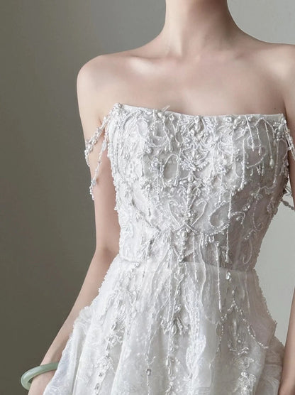 formaldressy- Vintage White Beaded Embroidery Strapless Long Train Court Style Wedding Gown gh6096