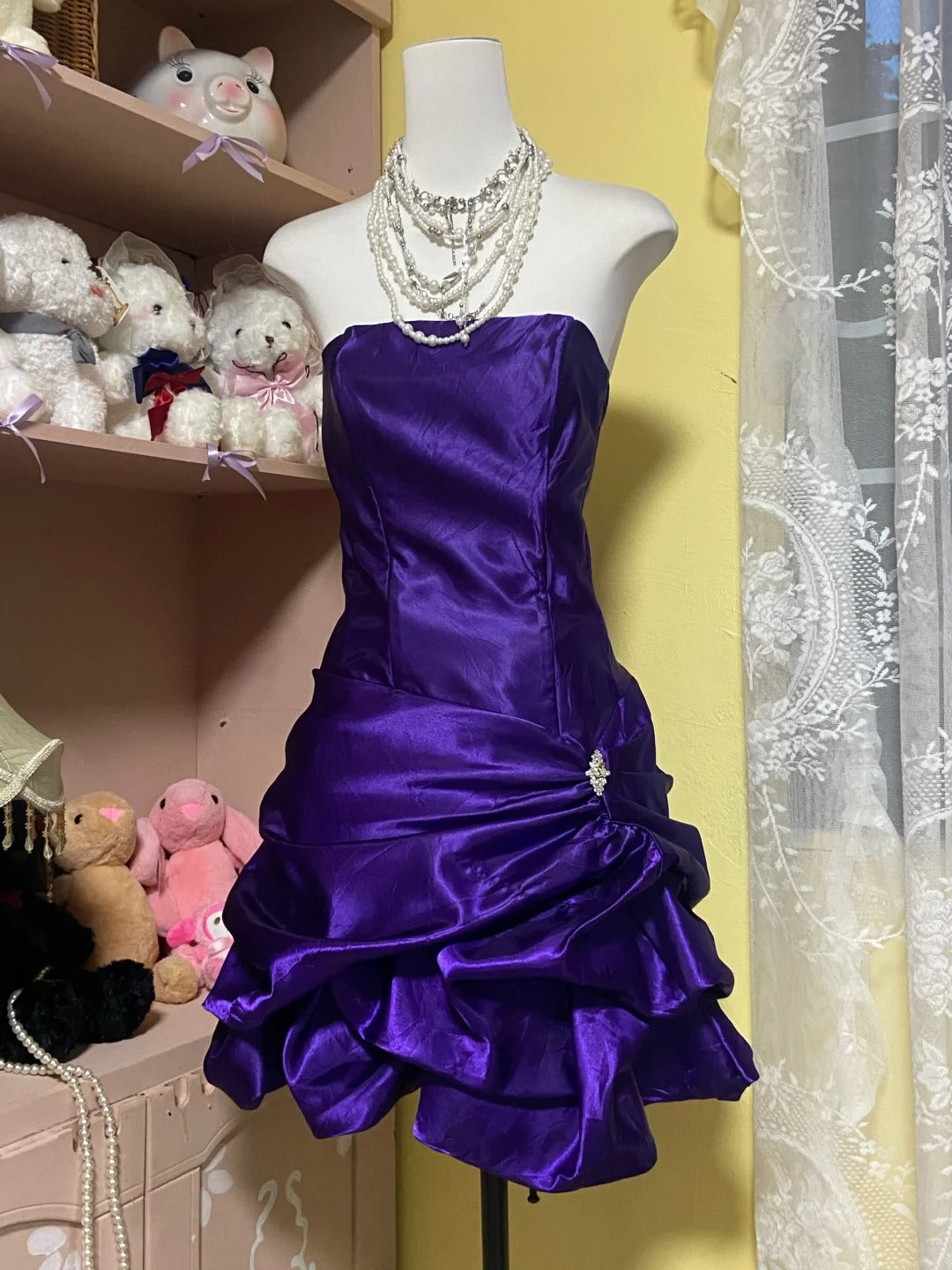 formaldressy--Purple retro elegant short satin prom dress gh5512
