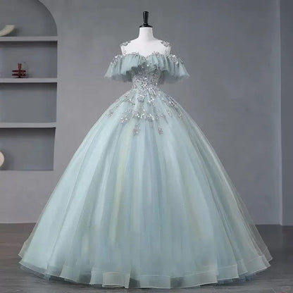 formaldressy-Light green floral bead decoration long chiffon tulle graduation dress, adult ceremony dress, ball dress, prom dress, 16-year-old dress, model dress gh5310