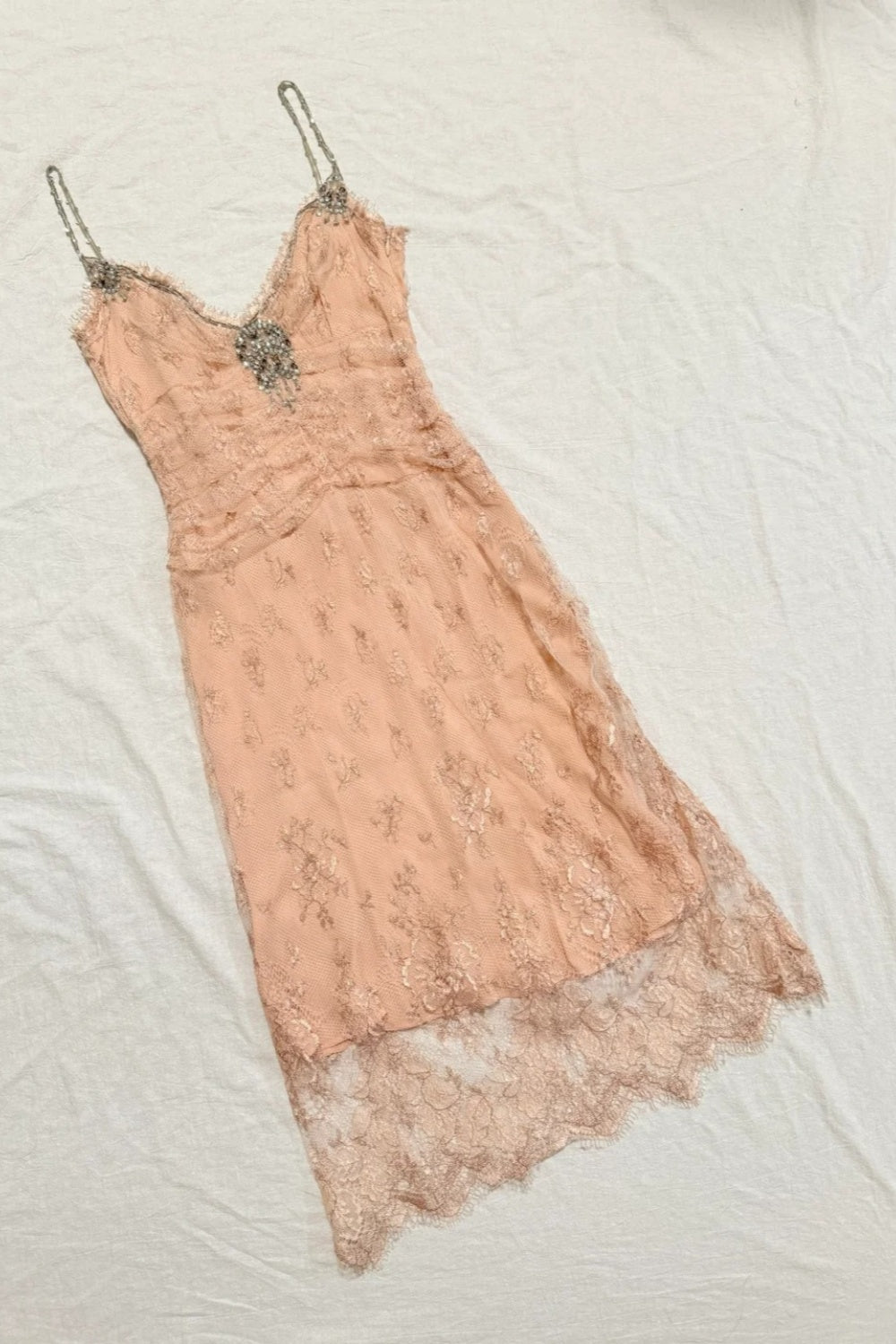 formaldressy-Nude Pink Lace Spaghetti Straps Midi Dress with Beading Detail gh6313