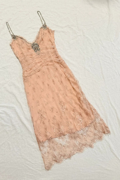 formaldressy-Nude Pink Lace Spaghetti Straps Midi Dress with Beading Detail gh6313