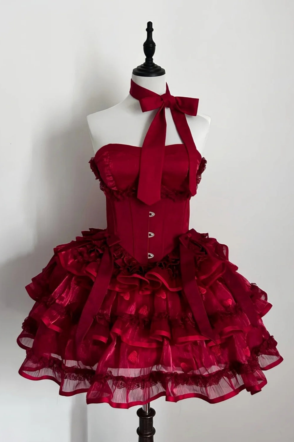 formaldressy-Long sleeve/sleeveless Vintage Wine Red Lolita Bow Lace Tiered Short Party Dress gh6031