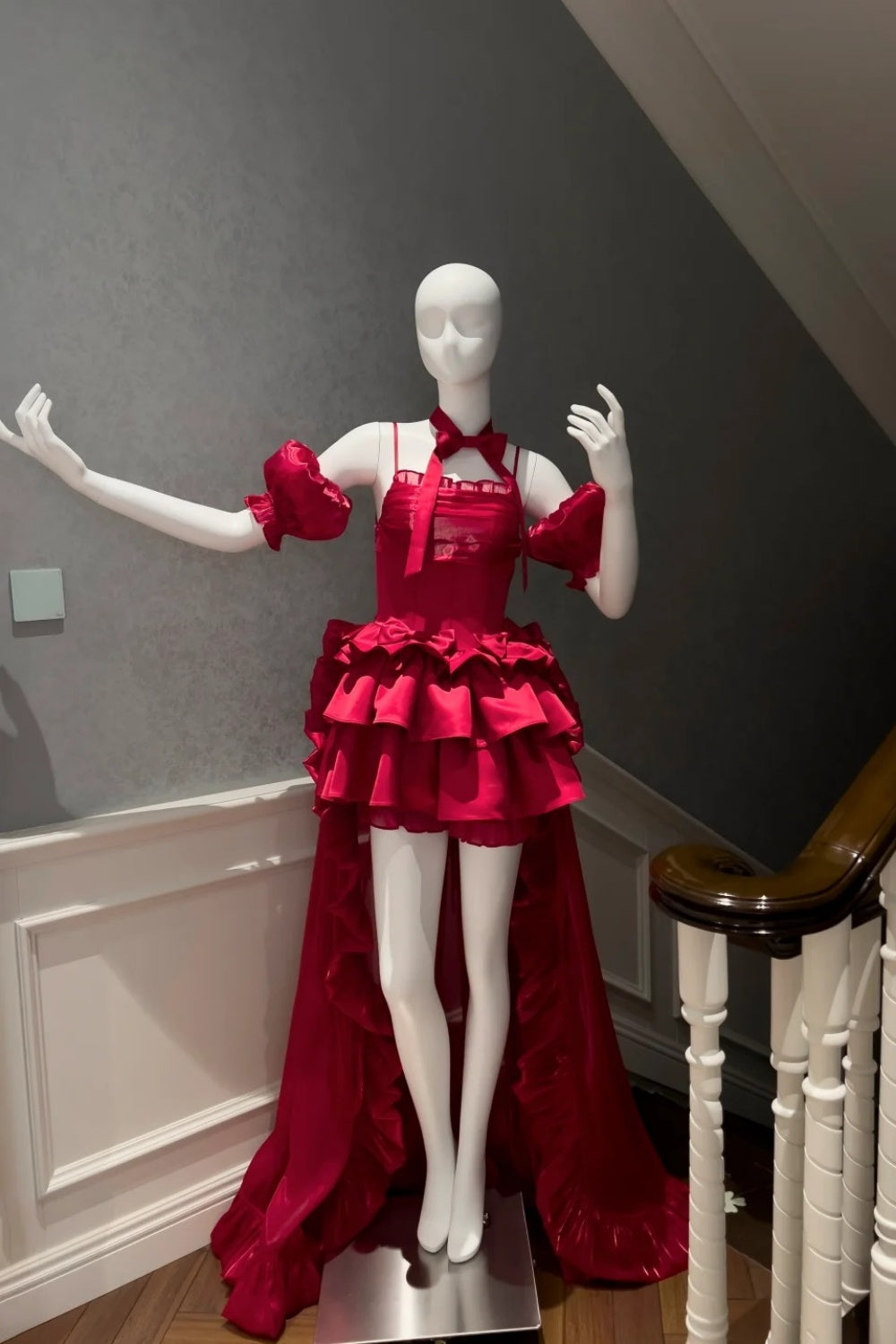 formaldressy-Burgundy Satin Spaghetti-Strap Puff-Sleeve Train Gown  gh6383