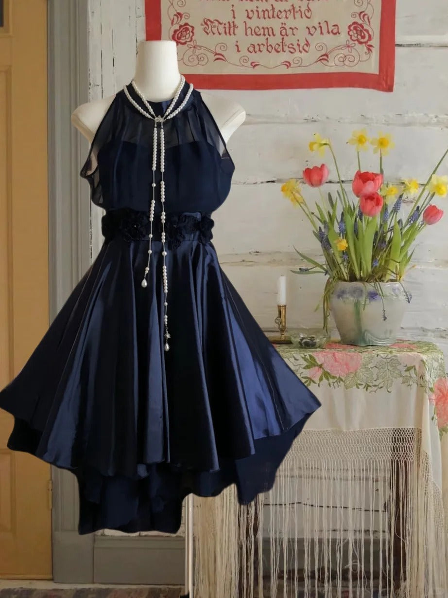 formaldressy--Navy blue satin retro halter neck elegant satin simple homecoming dress gh5699