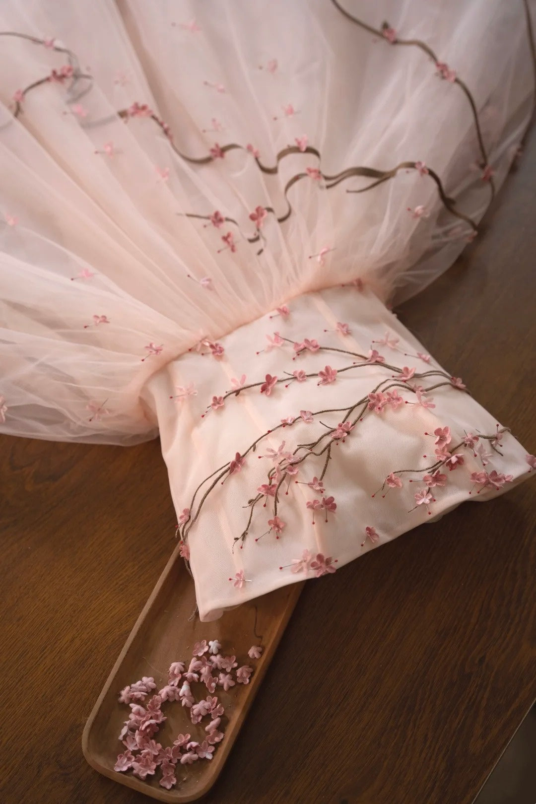 formaldressy- Vintage Peach Pink Plum Blossom 3D Embroidered Strapless Tulle Chinese Style Evening Gown gh6034