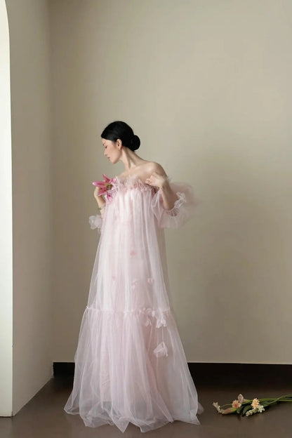 formaldressy- Vintage Pink Tulle Off-Shoulder Puff Sleeve Open-Back Long Forest-Style Evening Gown gh6092