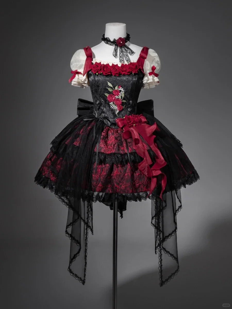 formaldressy-Black red floral tulle lace short homecoming dress birthday dress gh5346