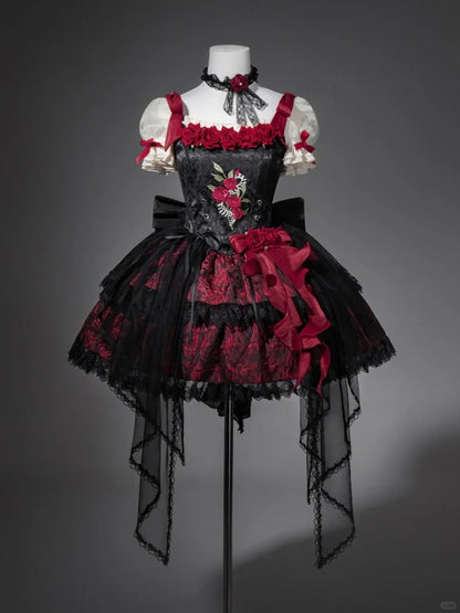 formaldressy-Black red floral tulle lace short homecoming dress birthday dress gh5346