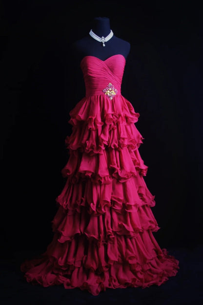 formaldressy-Fuchsia Chiffon Sleeveless Floor-Length Tiered Ruffled Evening Gown gh6304