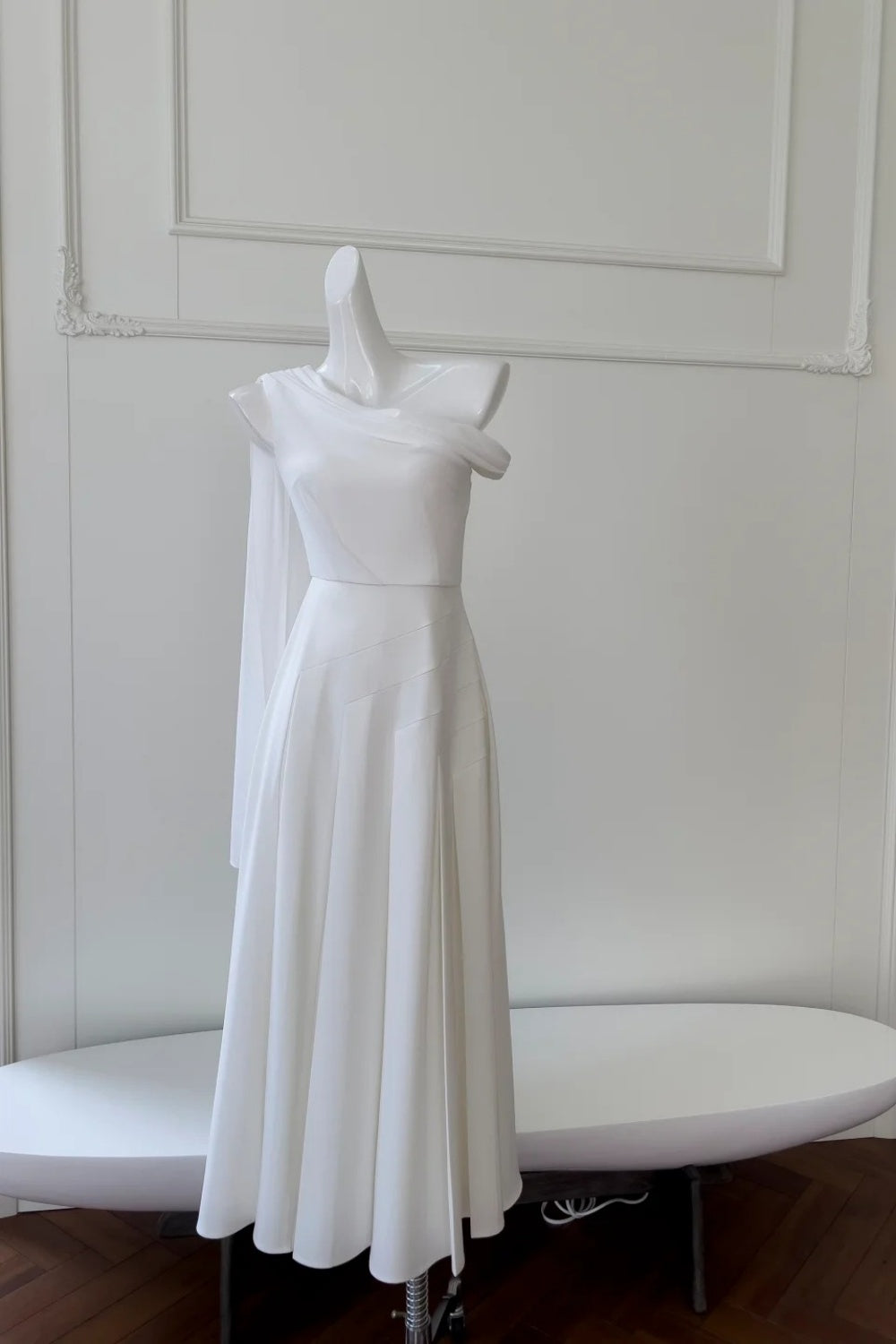 formaldressy- Minimalist White Asymmetric Off-Shoulder Midi Evening Gown gh6097
