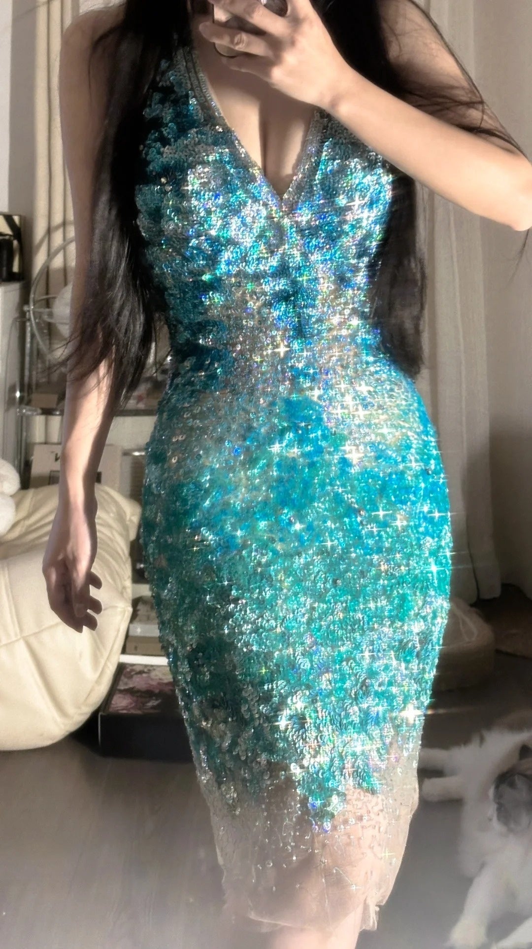 formaldressy-Teal-Green Gradient Sequin Halter-Neck Deep V Short Fashion Party Gown gh6380