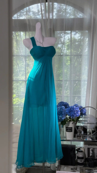 formaldressy--Blue one shoulder fashionable and elegant chiffon long prom dress gh5591