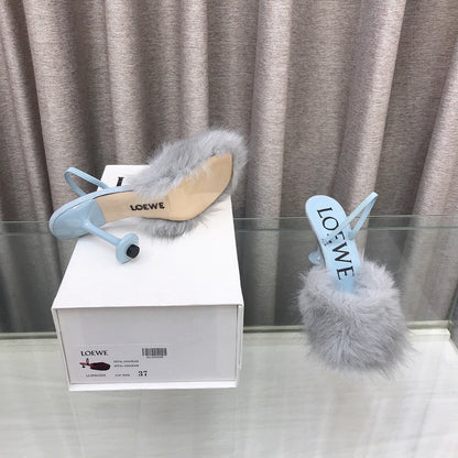 Loewe 25SS Fur-lined Mule 100 Blue in Fox Fur 597444