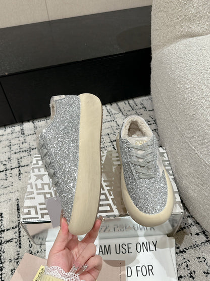 Golden Goose 2025 Space-Star Sabot Sneaker Silver Beige Glitter Wool 141174