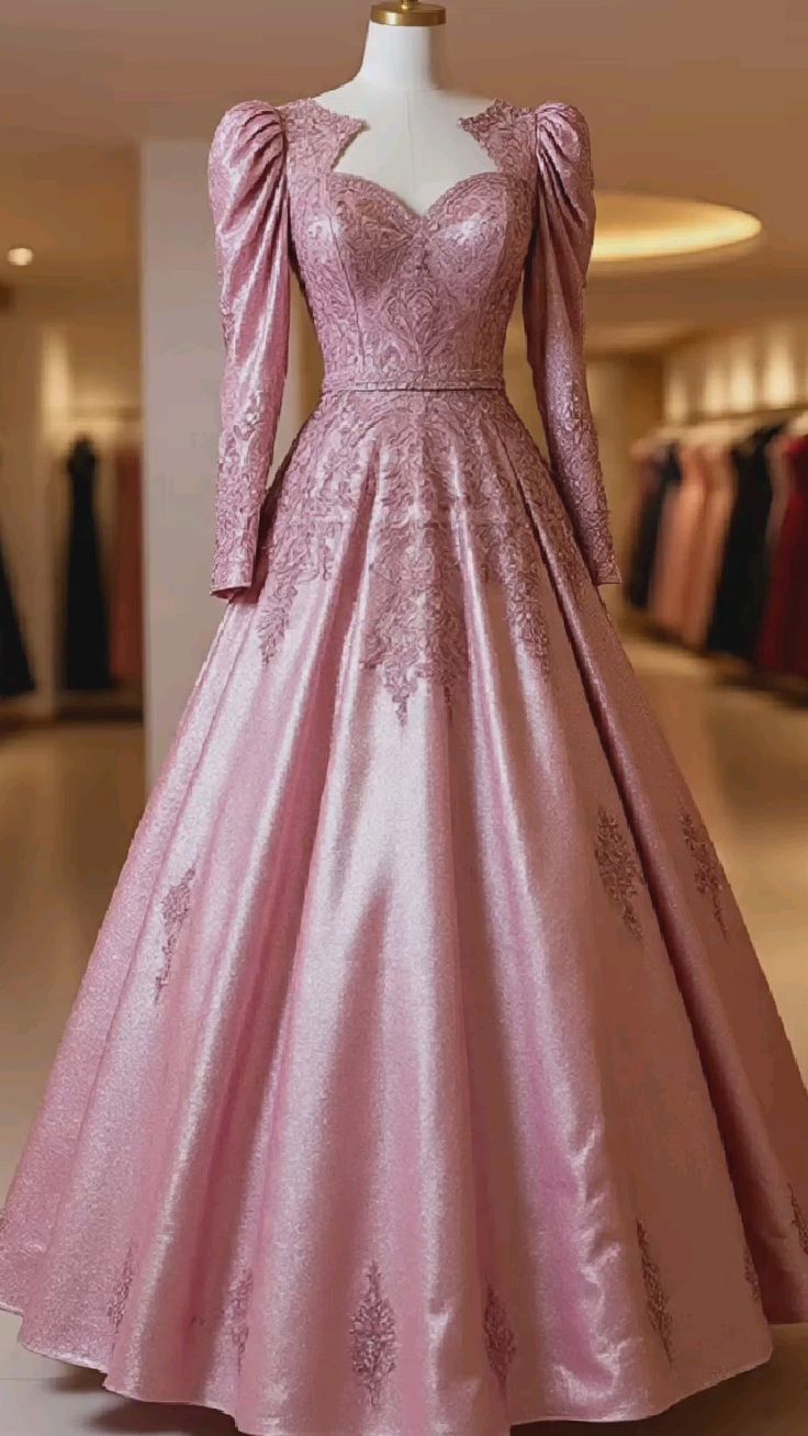 formaldressy-Pink long-sleeved, delicately beaded, floor-length satin ball gown gh6157