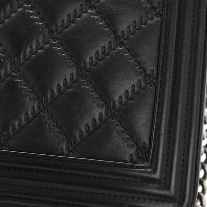Calfskin Embossed Stitch Large Boy Flap Black