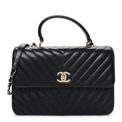 Lambskin Chevron Quilted Medium Trendy CC Dual Handle Flap Bag Black