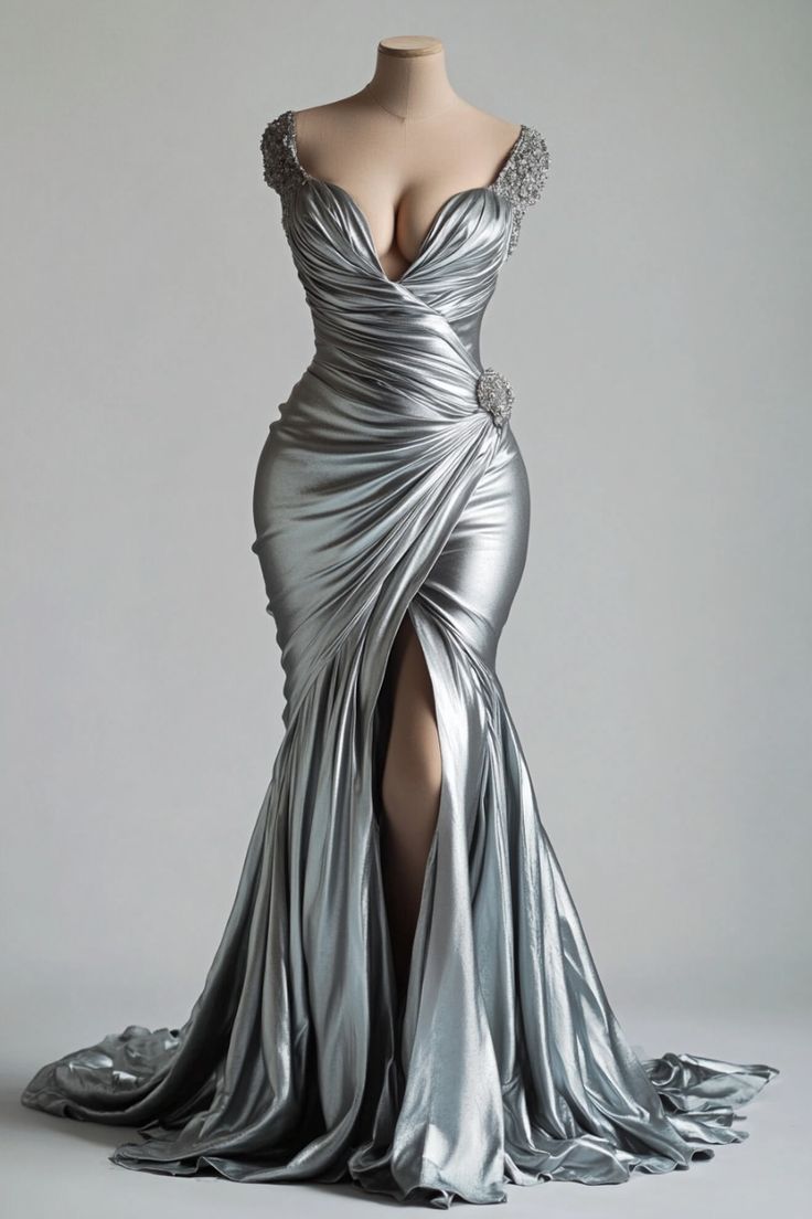 formaldressy-Silver Shiny Satin Beaded Short Sleeve Floor-Length Slit Mermaid Gown gh6321