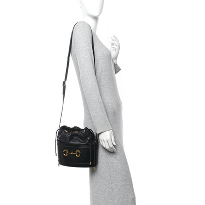 Azalea Sakai Calfskin Horsebit 1955 Drawstring Bucket Bag Black