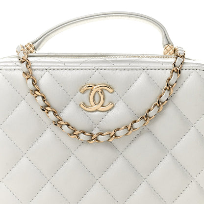 Metallic Lambskin Quilted Top Handle Vanity Case Silver