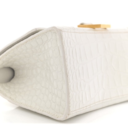 Calfskin Crocodile Embossed Small Hourglass Top Handle Bag White