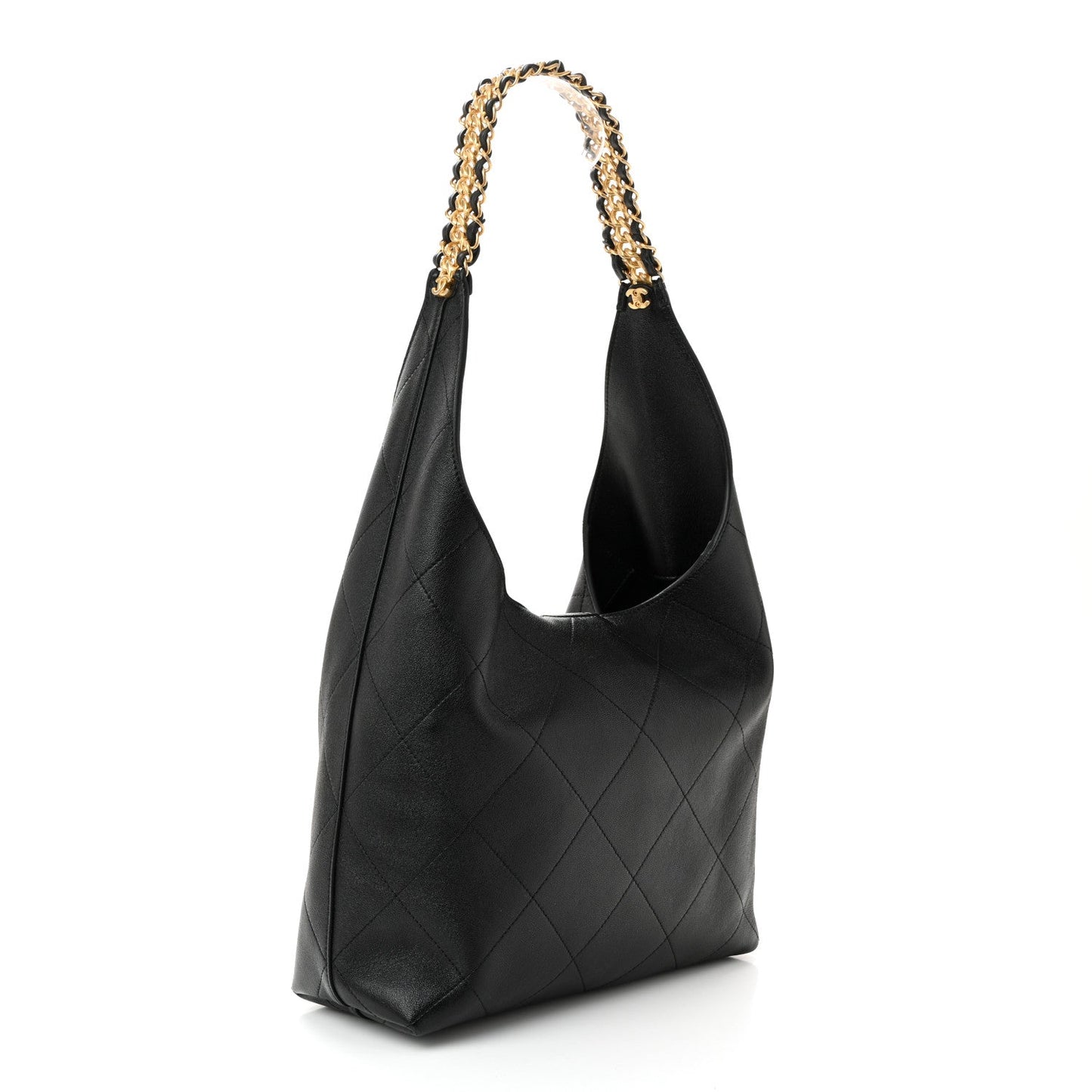 Shiny Lambskin Quilted Medium Hobo Black