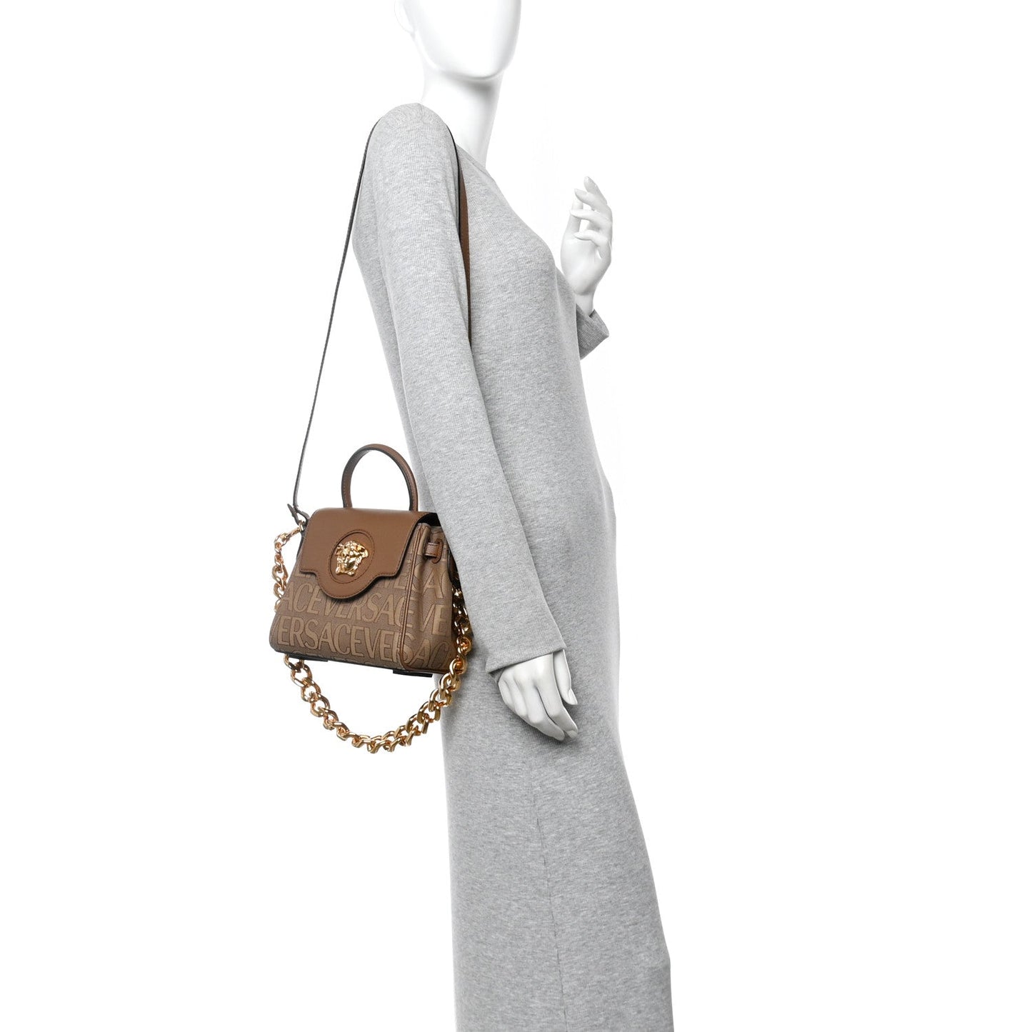 Calfskin Canvas Allover La Medusa Small Top Handle Handbag Brown