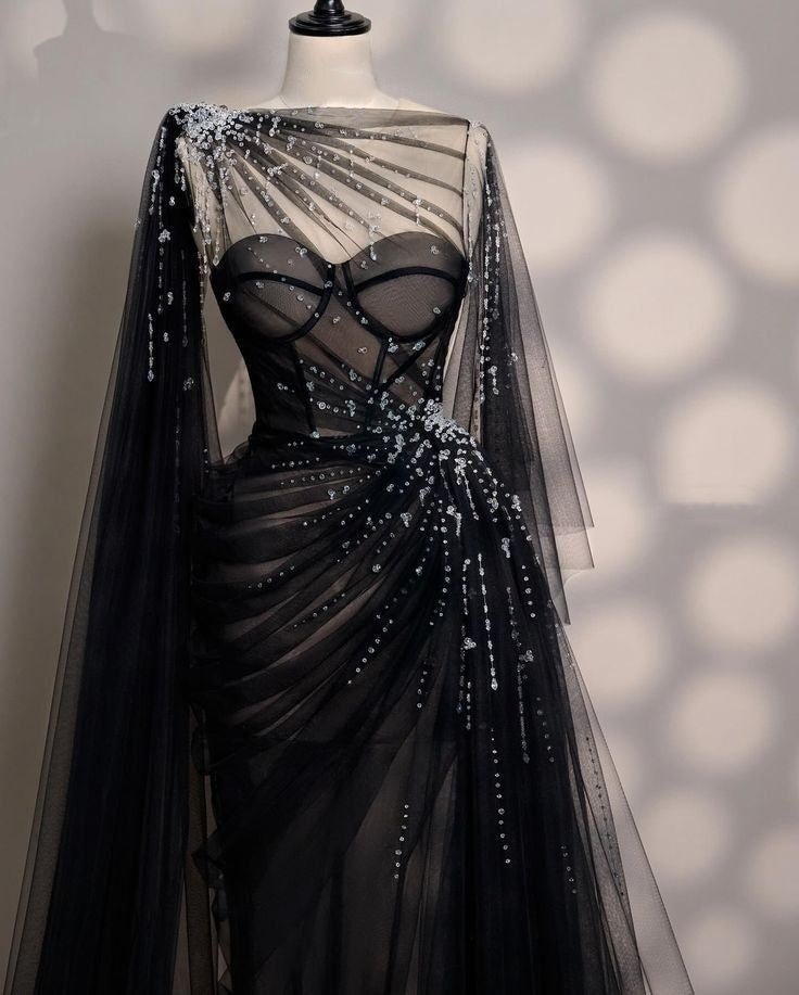 formaldressy-Black/Wine Red/Light Brown Exquisite Beaded Sweetheart Collar Long Tulle Prom Dress Evening Dress Party Dress gh5386