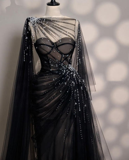 formaldressy-Black/Wine Red/Light Brown Exquisite Beaded Sweetheart Collar Long Tulle Prom Dress Evening Dress Party Dress gh5386