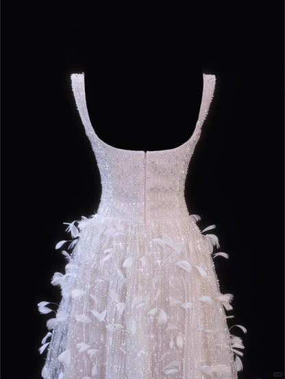 formaldressy-Pink Feather Exquisite Beaded Short Tulle Homecoming Dress Birthday Party Dress gh5377