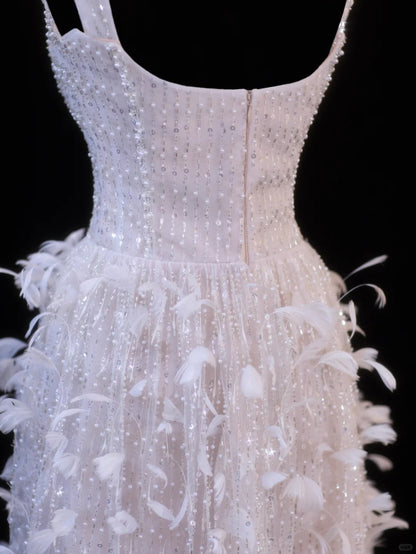 formaldressy-Pink Feather Exquisite Beaded Short Tulle Homecoming Dress Birthday Party Dress gh5377