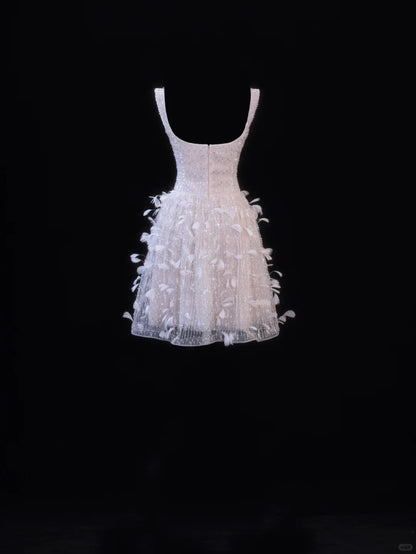 formaldressy-Pink Feather Exquisite Beaded Short Tulle Homecoming Dress Birthday Party Dress gh5377